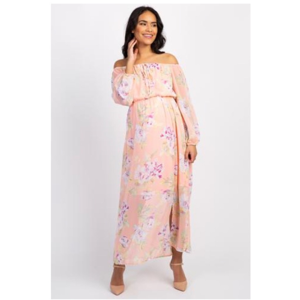 Peach Floral Off The Shoulder Maternity Dress